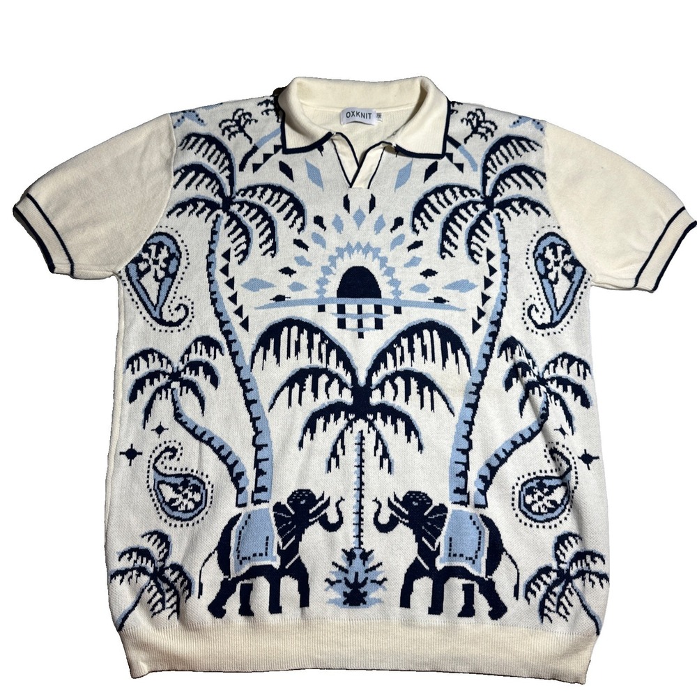 Oxknit Men's Size XXL White Blue Elephant & Palm Tree Jacquard Polo Knit Sweater